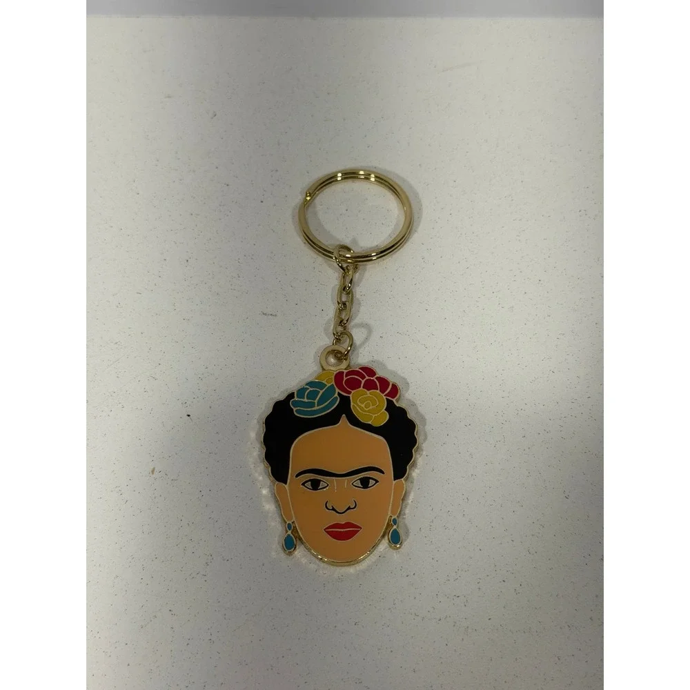 Frida Kahlo Enamel Portrait Keychain Gold Tone Floral Crown Art Accessory